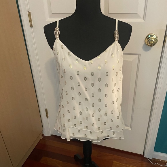 White House Black Market Tops - WHBM White and Gold Accent Adjustable Camisole Size S